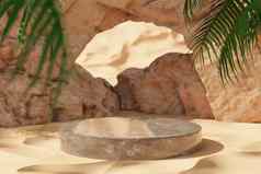 岩石悬崖石头沙子绿色棕榈树轮油缸大理石讲台上呈现插图