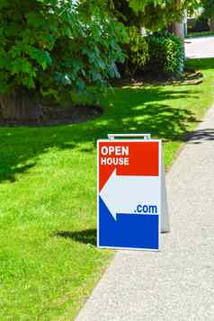 真正的房地产标志“开放房子的人行道上网站