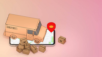 移动电话卡车的<strong>纸盒子</strong>红色的销指针在线移动应用程序订单运输服务购物在线交付概念呈现