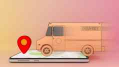 移动卡车的移动电话红色的查明在线移动应用程序订单运输服务购物在线交付概念呈现