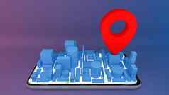 移动数字城市地图红色的销指针交付概念呈现