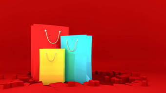 色彩鲜艳的纸购物袋裂纹红色的地面购物概念呈现