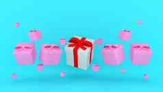 白色礼物盒子红色的丝带粉红色的礼物盒子浮动蓝色的背景呈现