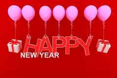 快乐一年概念红色的纸剪切白色礼物盒子红色的丝带粉红色的气球红色的背景呈现
