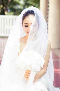 肖像美丽的新娘覆盖脸面纱布里