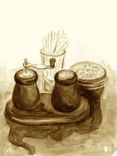 盐胡椒瓶表格咖啡馆水彩插图手绘草图乌贼米色棕色（的）单色颜色