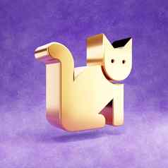 猫图标黄金光滑的猫象征孤立的紫罗兰色的天鹅绒背景