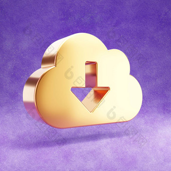 下载云图标黄金光滑的下载云存储象征孤立的紫罗兰色的天鹅绒背景