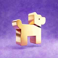 狗图标黄金光滑的狗象征孤立的紫罗兰色的天鹅绒背景