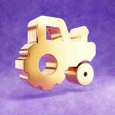 拖拉机图标黄金光滑的拖拉机象征孤立的紫罗兰色的天鹅绒背景