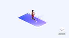 女人运行移动电话屏幕概念上的有氧运动培训等角插图