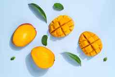 芒果设计概念丁新鲜的芒果水果蓝色的表格背景