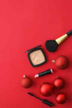 化妆化妆品产品集美品牌圣诞节出售促销活动奢侈品红色的平铺背景假期设计