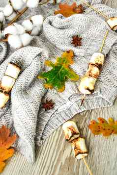 秋天框架使秋天叶子棉花糖坚果肉桂棉花毛衣前视图木背景点缀感恩节