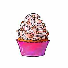 插图彩色的画糖果橙色蛋糕粉红色的紫罗兰色的奶油装饰颜色星星白色孤立的背景