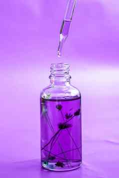 反老化血清玻璃瓶下降紫色的背景面部液体血清胶原蛋白肽