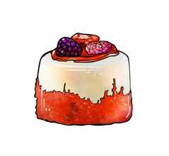 插图彩色的画糖果红色的轮摩丝蛋糕装饰米色糖衣蓝莓草莓树莓白色孤立的背景
