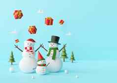 快乐圣诞节雪人享受圣诞节礼物蓝色的背景呈现