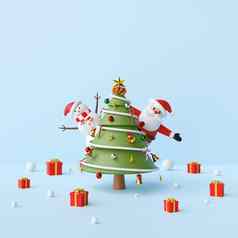 快乐圣诞节聚会，派对圣诞老人老人雪人圣诞节树蓝色的背景呈现