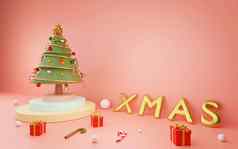 快乐圣诞节快乐一年圣诞节树讲台上圣诞节气球圣诞节饰品粉红色的背景呈现