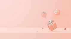最小的场景柔和的颜色礼物盒子银丝带粉红色的背景复制空间呈现