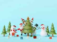 快乐圣诞节快乐一年圣诞节聚会，派对圣诞老人老人朋友圣诞节树蓝色的背景呈现