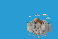 插画家房子岩石山呈现低多边形几何lowpoly最小的风格艺术