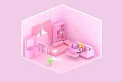 插画家女卡通字符移动PC电脑沙发粉红色的房间工作首页