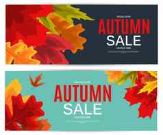 闪亮的秋天叶子出售横幅业务折扣卡向量插图