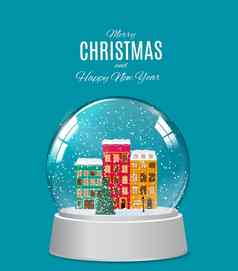 雪玻璃全球小镇冬天圣诞节一年礼物向量插图