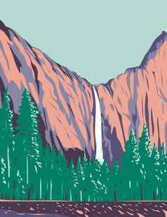 围绕着秋天著名的瀑布约塞米蒂谷约塞米蒂国家公园加州美国水渍险海报艺术
