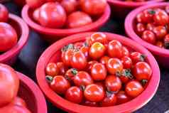 美味的新鲜的西红柿水果蔬菜食物红色的塑料篮子传统市场下午首尔南韩国收获概念关闭