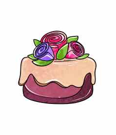插图彩色的画糖果紫色的蛋糕黄褐色奶油装饰花玫瑰前白色孤立的背景