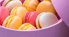 色彩斑斓的法国饼干马卡龙集粉红色的礼物盒子美味的水果杏仁甜蜜的饼干蛋糕macaron