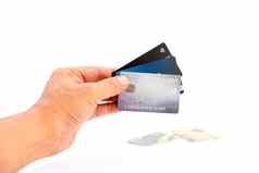 人类手持有集团银行信贷卡片白色背景业务金融概念