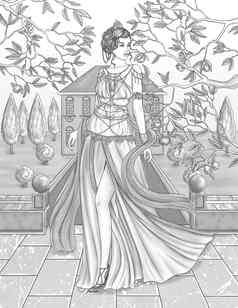 美丽的女人站前面房子树分支机构无色行画夫人礼服头饰站着色书页面