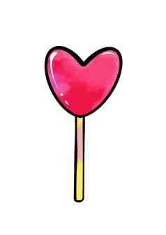 插图彩色的画糖果红色的心形状的棒棒糖白色孤立的背景