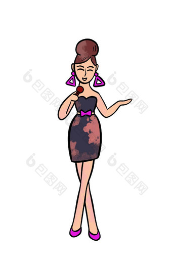 插图彩色的画女人歌手麦克<strong>风衣</strong>服紫色的鞋子白色孤立的背景