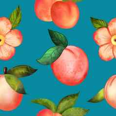 插图数字水彩无缝的模式桃子花蓝色的背景