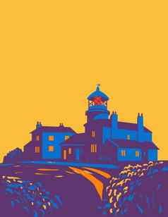 caldey灯塔caldey岛彭布罗克郡海岸国家公园威尔士曼联王国艺术德科水渍险海报艺术