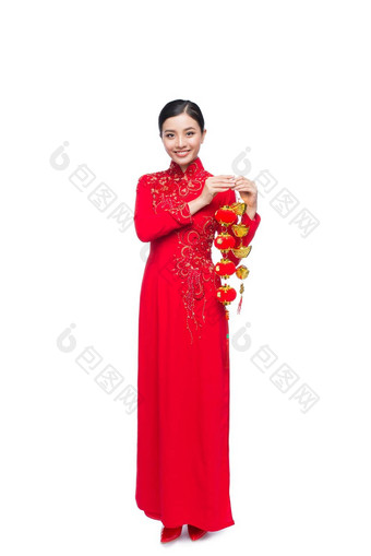 完整的长度美丽的亚洲女人传统的节日服装戴曼菊泰特假期月球一年