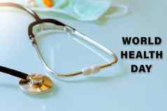 世界健康一天概念听诊器面具医学医疗保健配件白色背景