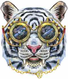 色彩斑斓的白色老虎眼镜蒸汽朋克风格野生动物水彩插图白色背景