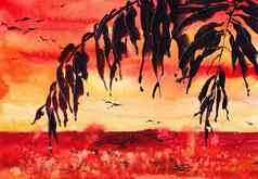棕榈树水彩插图原始艺术棕榈叶子艺术绘画纸日落海滩红色的黄色的颜色壁纸打印背景