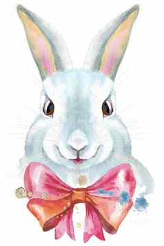 水彩插图白色兔子粉红色的弓