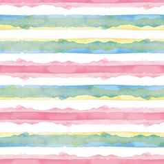 水彩摘要黄色的粉红色的蓝色的条纹背景很酷的无缝的模式织物纺织纸简单的手画条纹