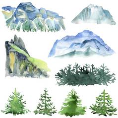 蓝色的山绿色树手画