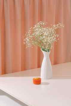 满天星婴儿的呼吸花瓶变形背景美丽的光艾里群众小白色花花生活室内装饰概念