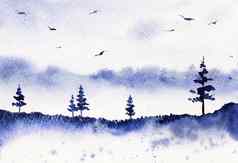蓝色的森林水彩景观绘画原始艺术背景打印壁纸设计自然视图树天空鸟
