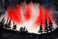 北部灯红色的水彩绘画极光北欧化工原始艺术森林景观天空壁纸背景打印